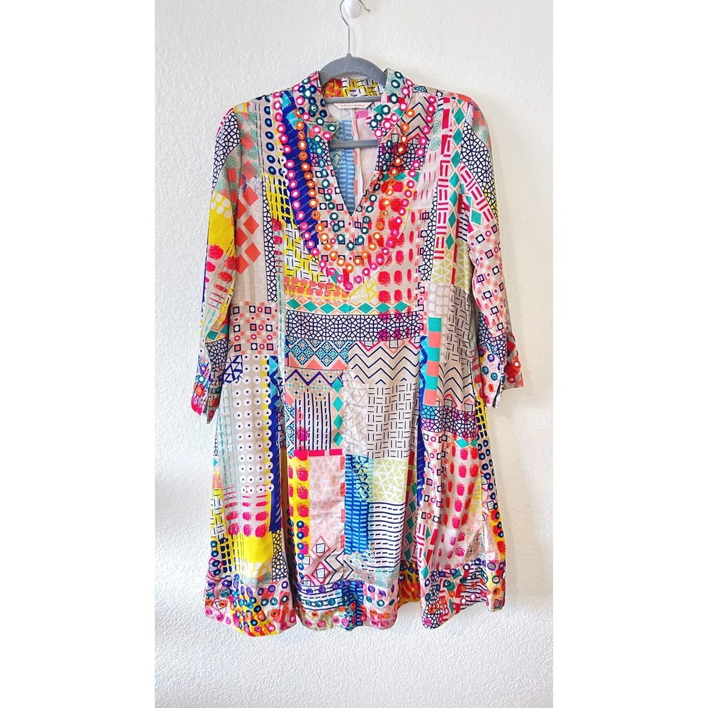 Boho Soft Surroundings Summerfest Patchwork Print Boho Satin Tunic Dress SZ S